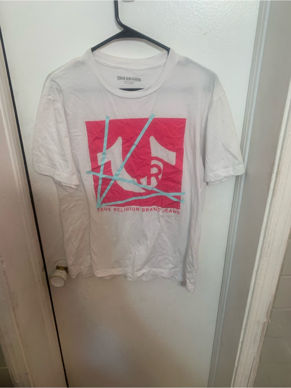 True Religion White Short-Sleeve Tee with Pink & Aqua Graphic